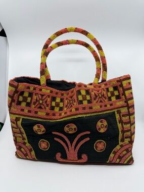 Beaded Black Tote with pink and Yellow Accents
